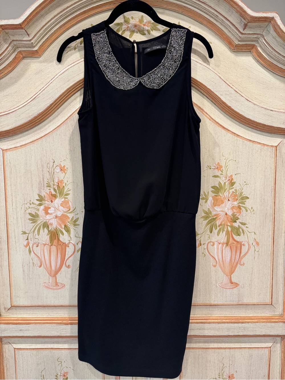 Zara Trafaluc Black Beaded Peter Pan Collar Mini Dress Size S